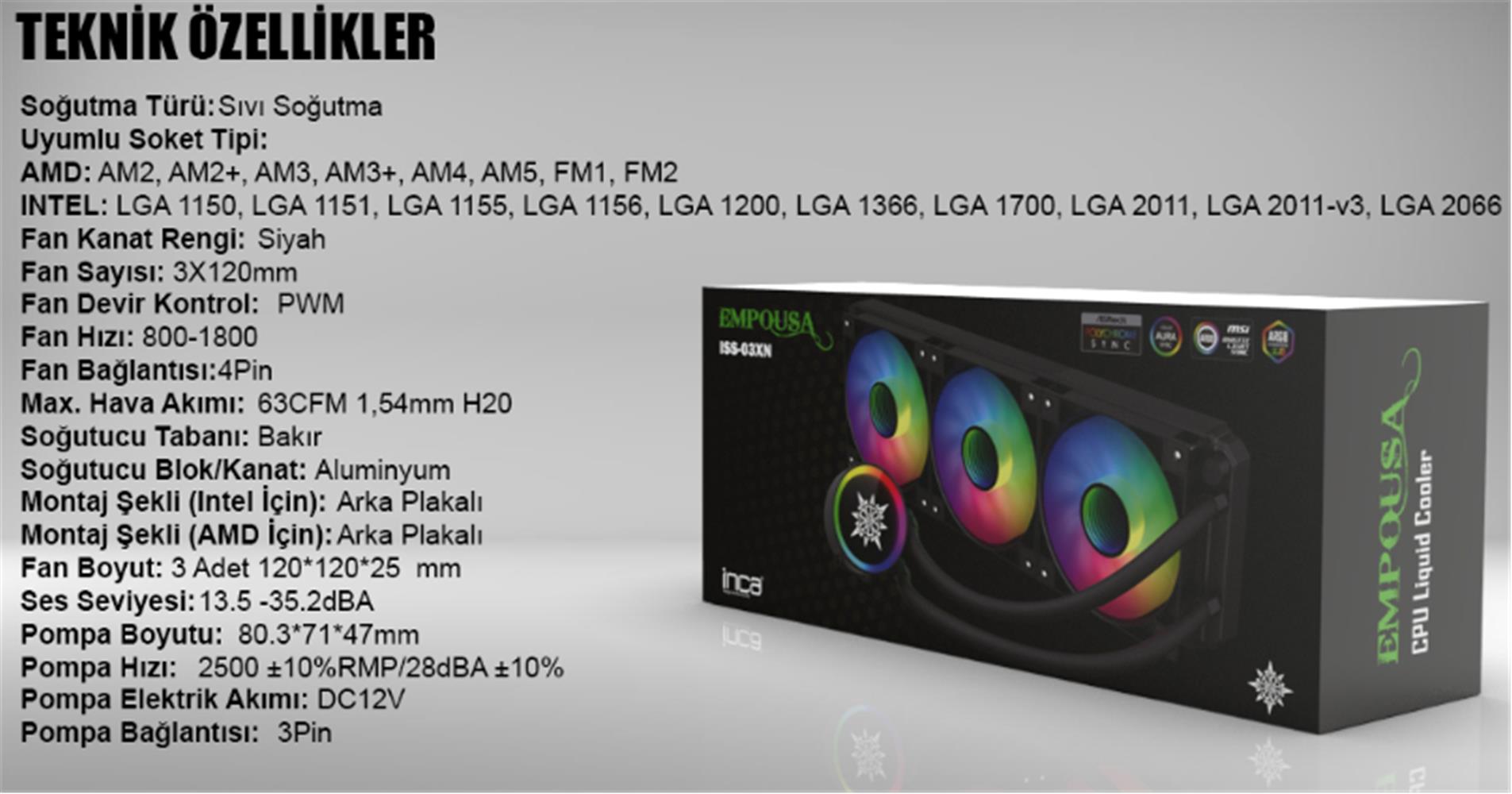 INCA ISS-03XN 3X120 360 ARGB Kumandalı AM5+1700P Cpu Sıvı Soğutma(Intel LGA 1200/115X/2011)