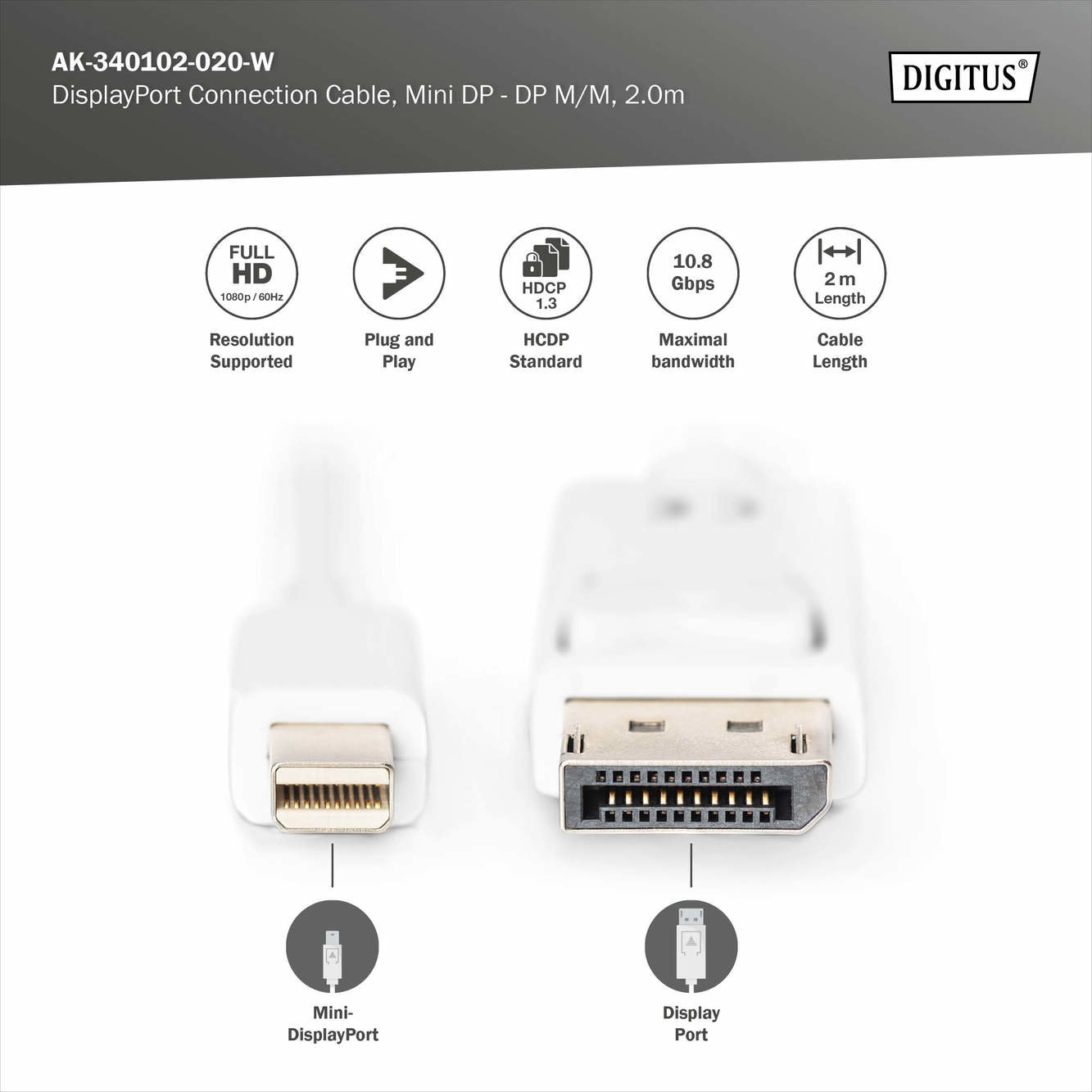 Digitus AK-340102-020-W DisplayPort bağlantı kablosu