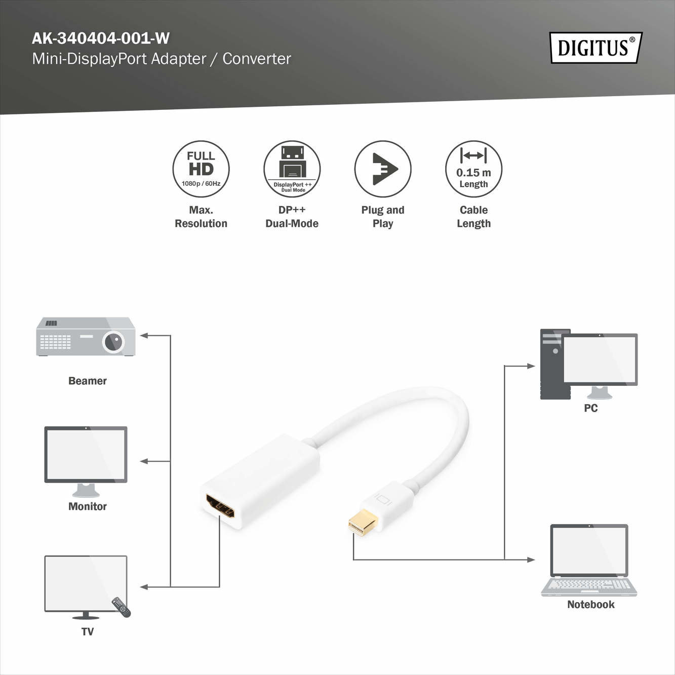 Digitus AK-340404-001-W DisplayPort Adaptörü/Çeviricisi