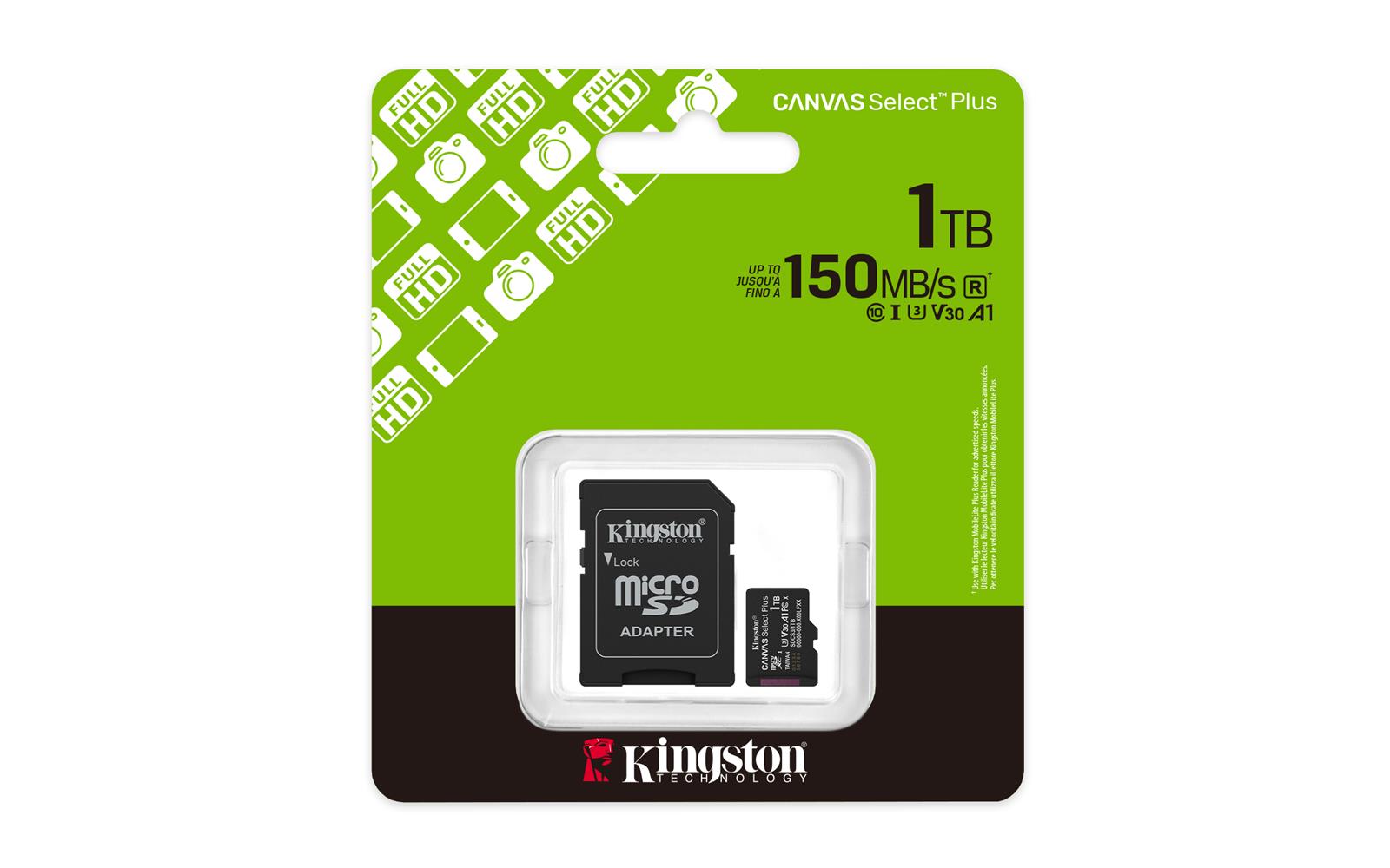 Kingston SDCS3/1TB 1TB microSDXC Canvas Select Plus Gen3 150MB/s A1 Card + Adapter Hafıza Kartı