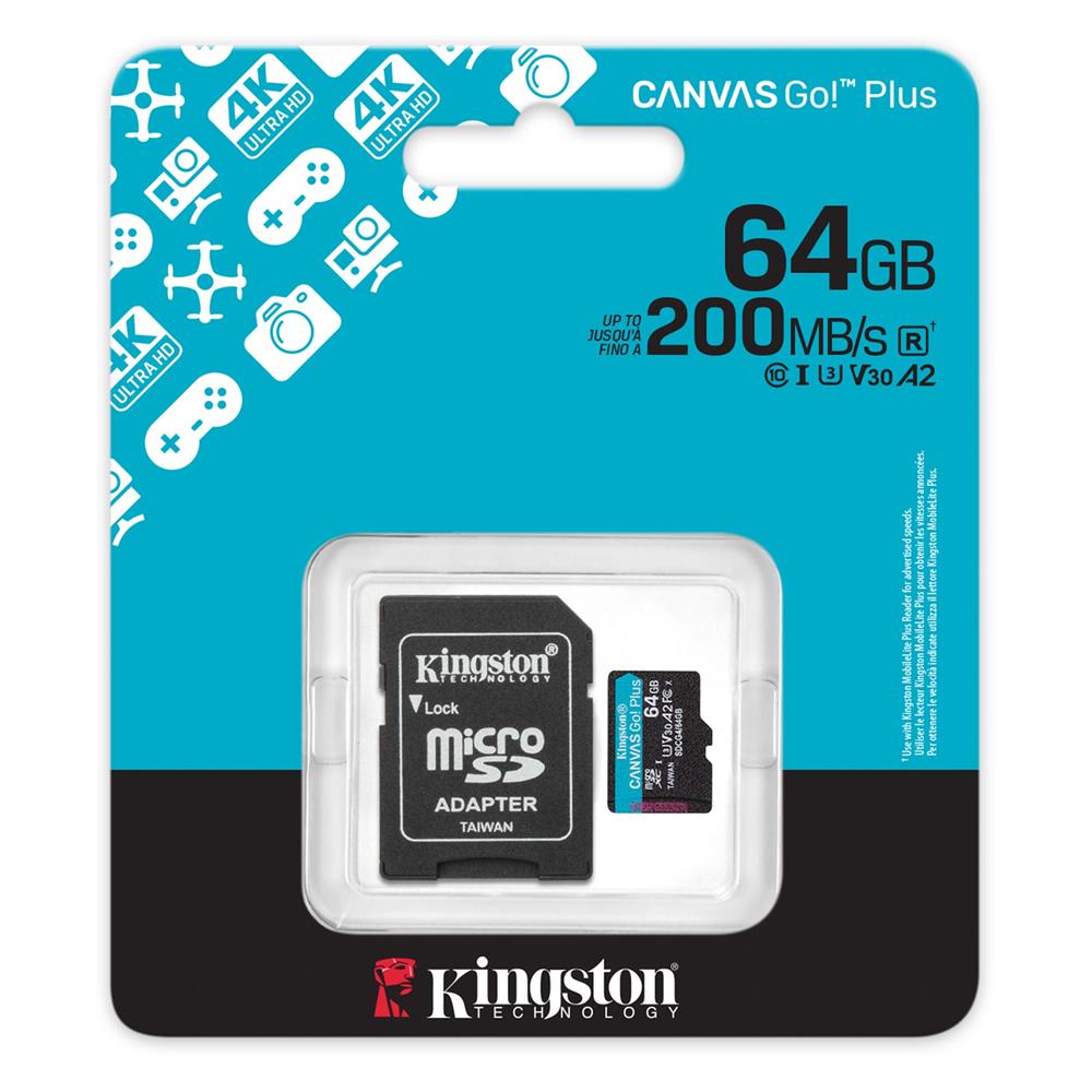 Kingston SDCG4/64GB 64GB microSDXC Canvas Go Plus Gen4 200MB/s A2 U3 V30 Card + ADP Hafıza Kartı