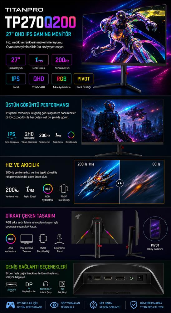 TITANPRO TP270Q200 27" 1MS 200Hz IPS QHD sRGB Gaming Monitör