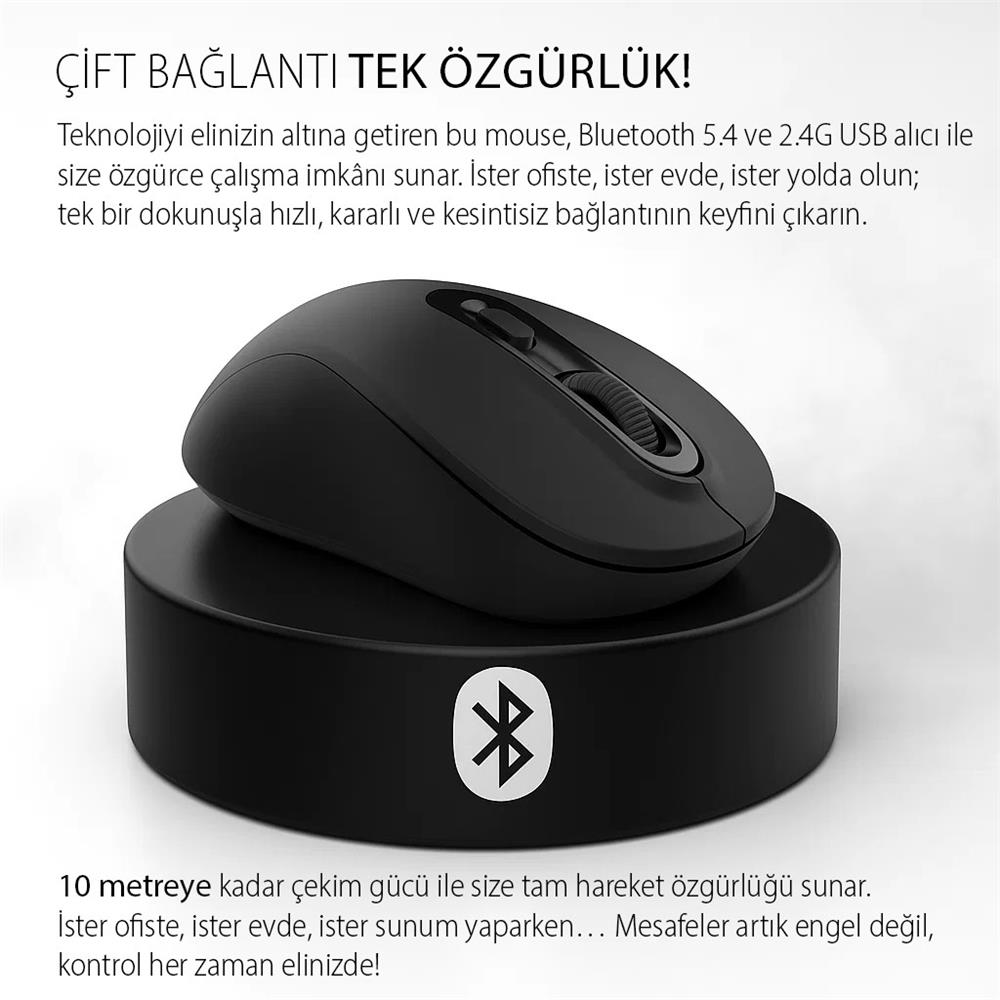 INCA IWM-288T Bluetooth 5.4 + 2.4G Kablosuz Optik Mouse 800-1200-1600 Dpı (1xaa Pil İçinde)