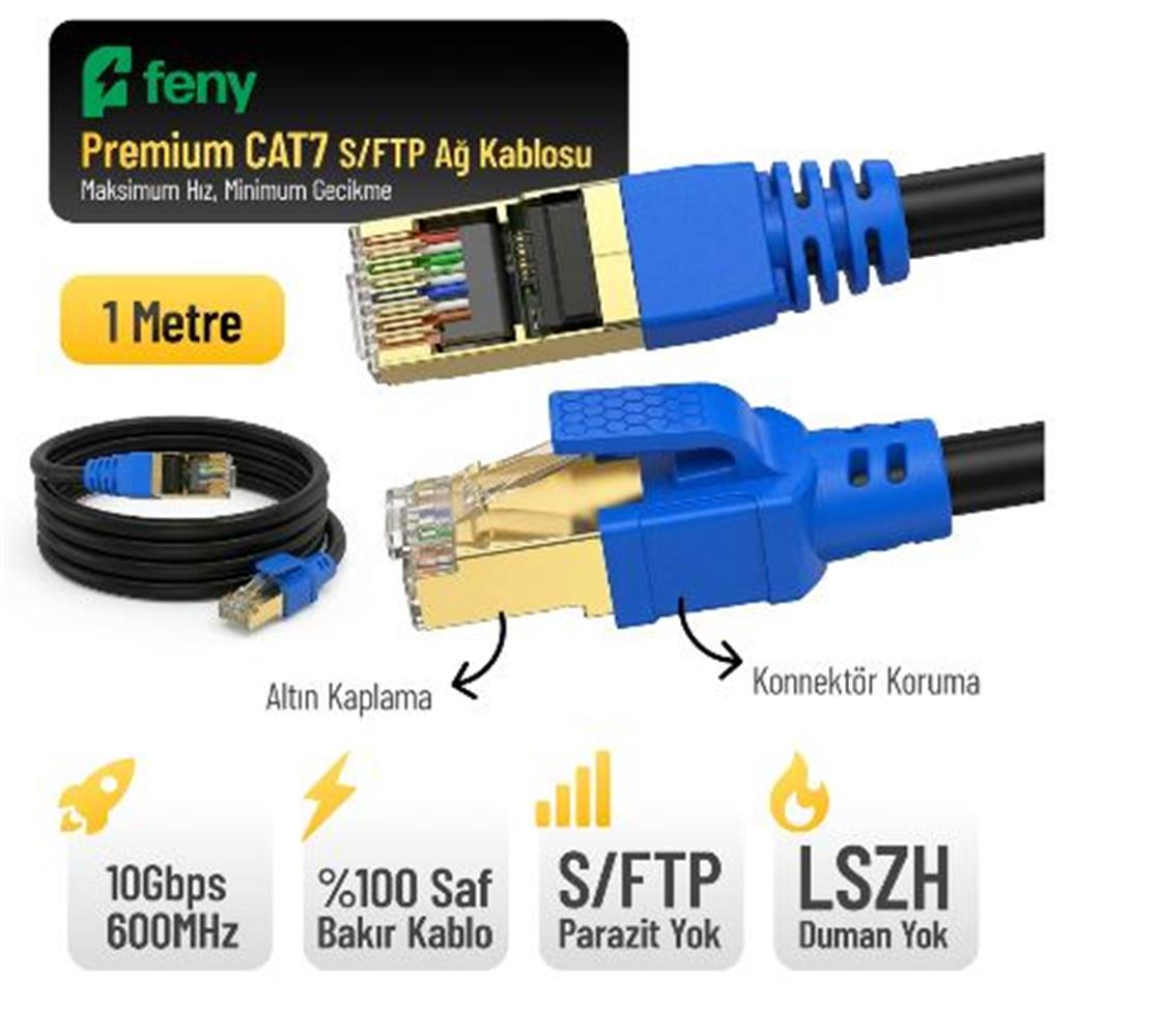 Feny FN-CAT7LS01 10GBPS İnternet 600MHZ 1 Metre CAT7 Gold Patch Kablo (Yanmaz-%100 Saf Bakır)
