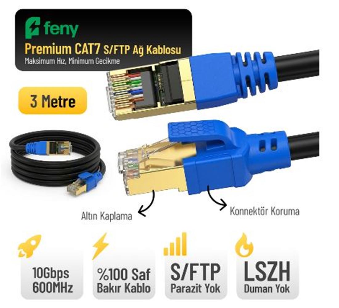 Feny FN-CAT7LS03 10GBPS İnternet 600MHZ 3 Metre CAT7 Gold Patch Kablo (Yanmaz-%100 Saf Bakır)
