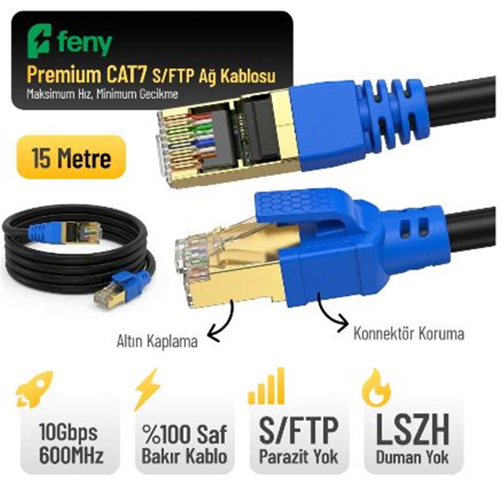 Feny FN-CAT7LS15 10GBPS İnternet 600MHZ 15 Metre CAT7 Gold Patch Kablo (Yanmaz-%100 Saf Bakır)