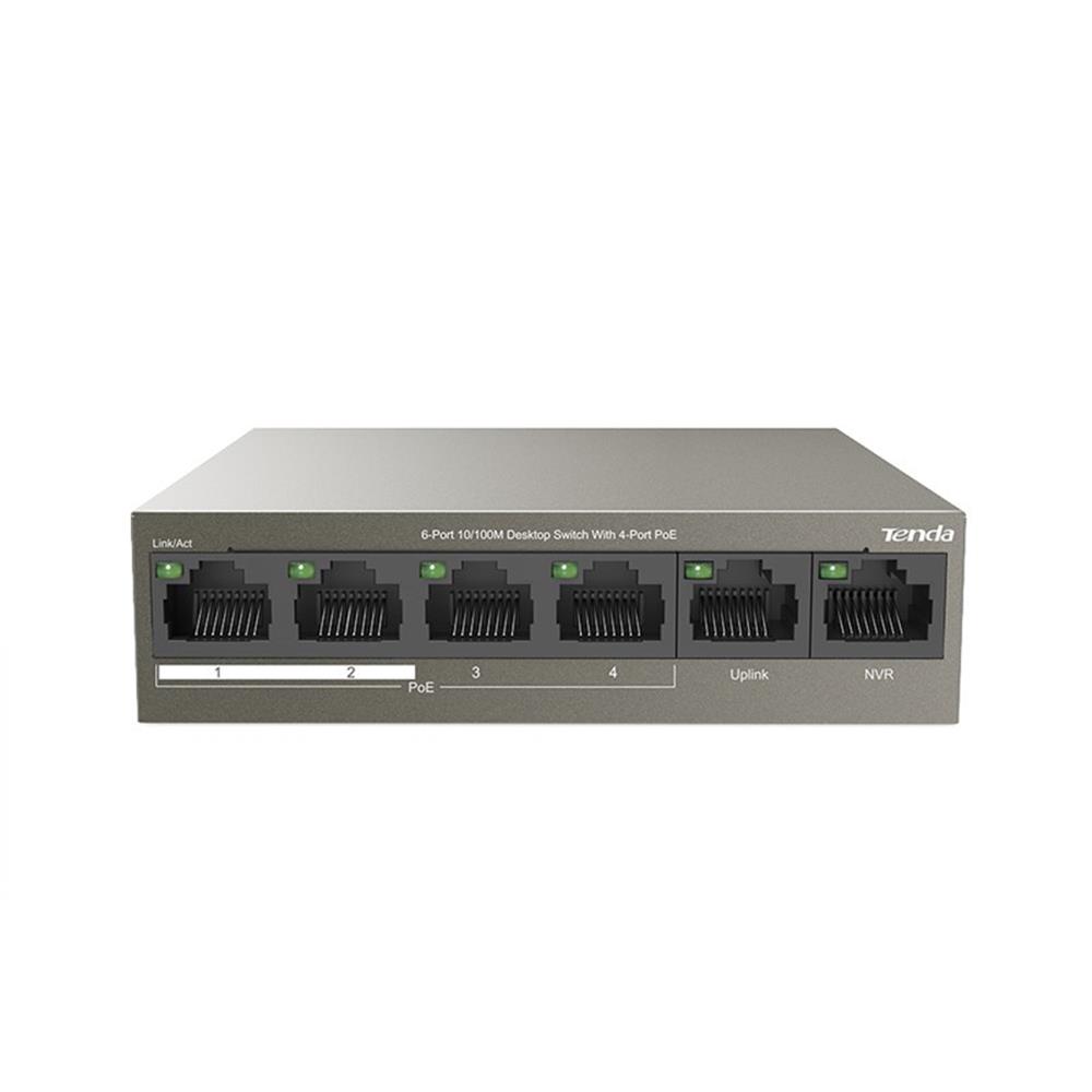 Tenda TEF1106P 6 Port 4 Port Poe+ 10/100 + 2 Port Uplink Switch Çelik Kasa Rack Mount
