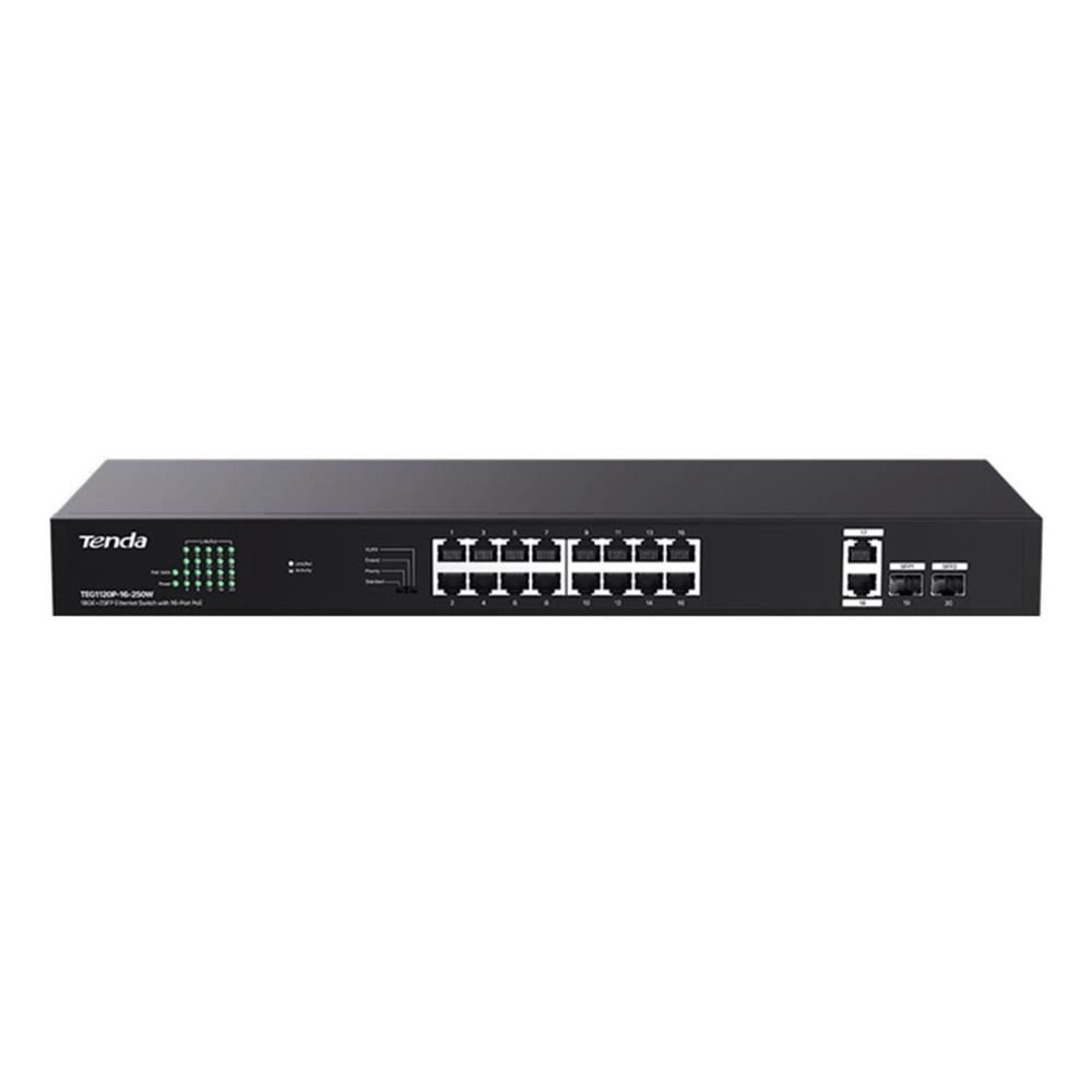 Tenda TEG1120P-16-250W 16 Port Poe+ 10/100/1000 2 Port Uplink + 2 Port SFP Switch Çelik Kasa