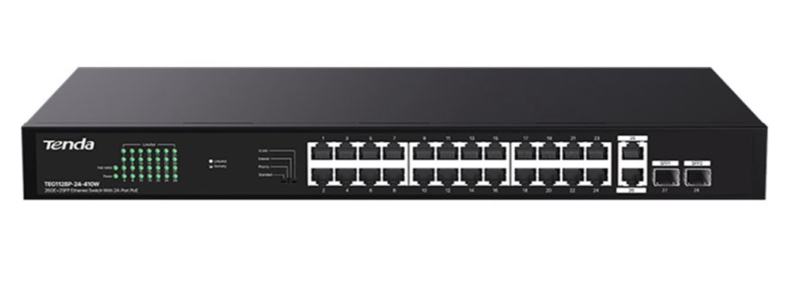 Tenda TEG1128P-24-410W 24 Port Poe+ 10/100/1000 2 Port SFP 2 Port Uplink Switch Çelik Kasa