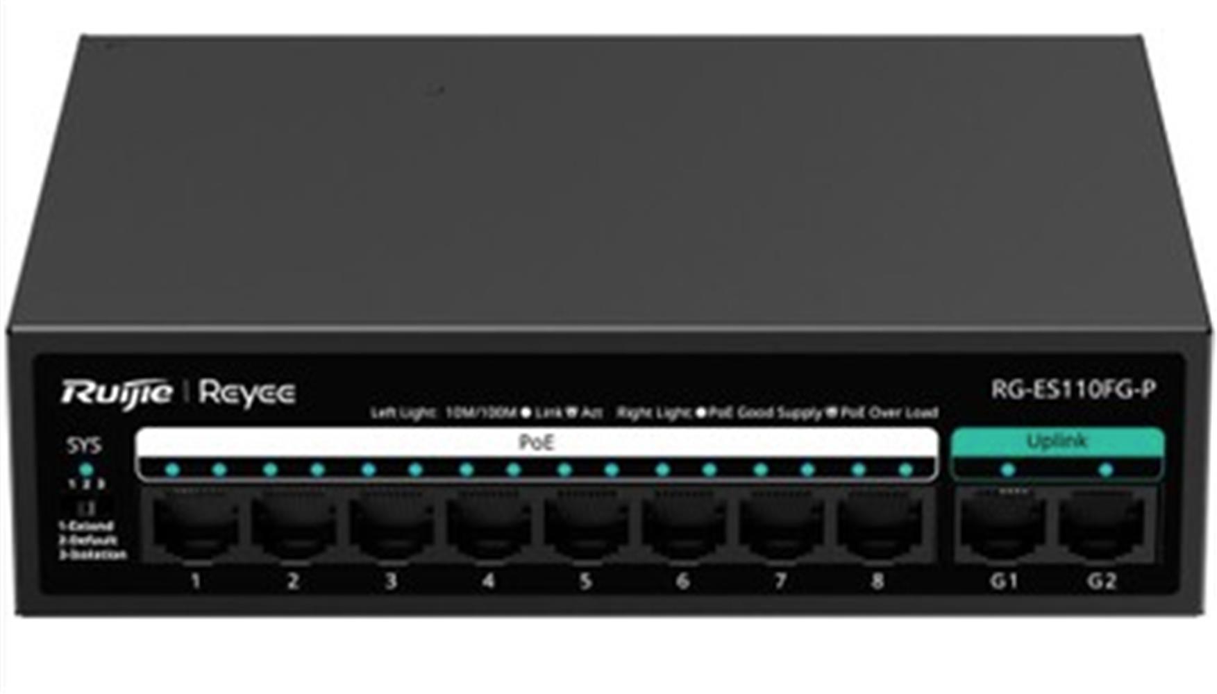 Ruijie-Reyee RG-ES110FG-P 10 Port 10/100 Mbps 2 Port Gigabit Uplink 8 Port 10/100 POE 110W Switch