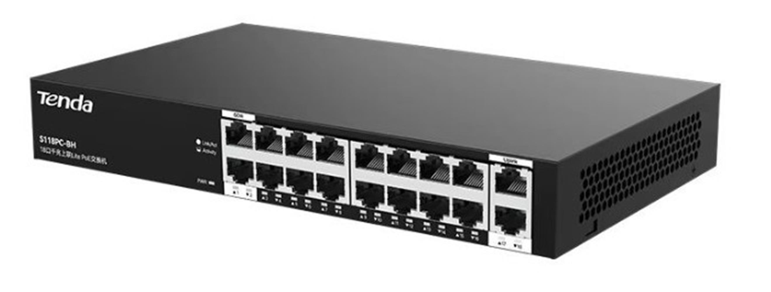 Tenda S218GPC-BH16FE 16 Port PoE+ Port 167W 2x GE Uplink Switch