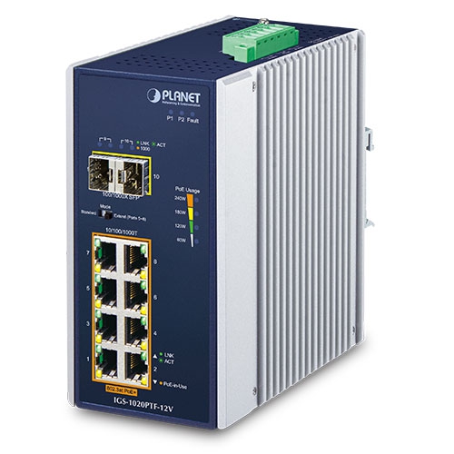 Planet PL-IGS-1020PTF-12V Endüstriyel Yönetilemeyen PoE+ Switch