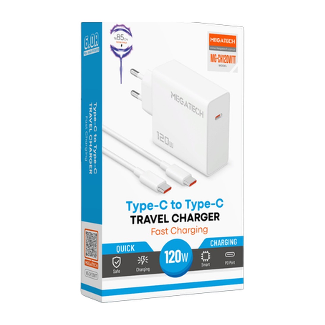 Megatech 120W MAX PD Hızlı Şarj Seti (Type-C to Type-C Kablolu)