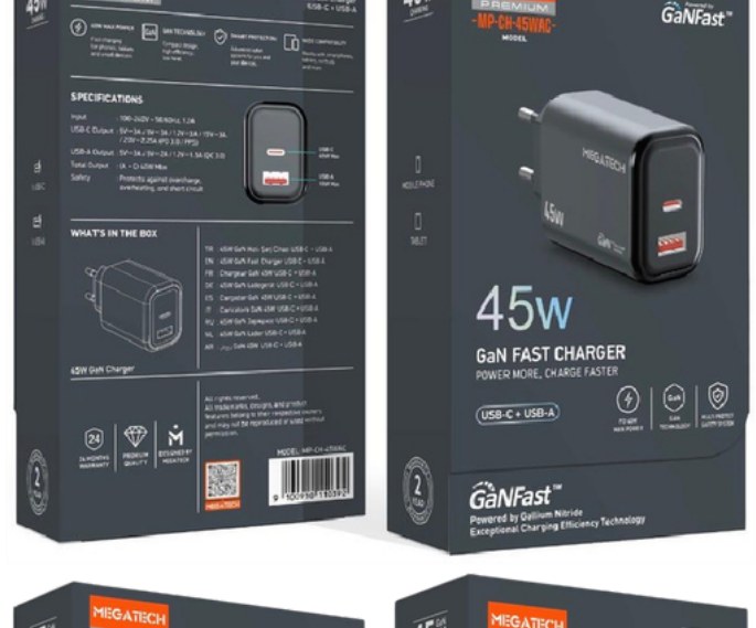 Megatech GaN 45W PD + USB-A Şarj Başlığı Siyah