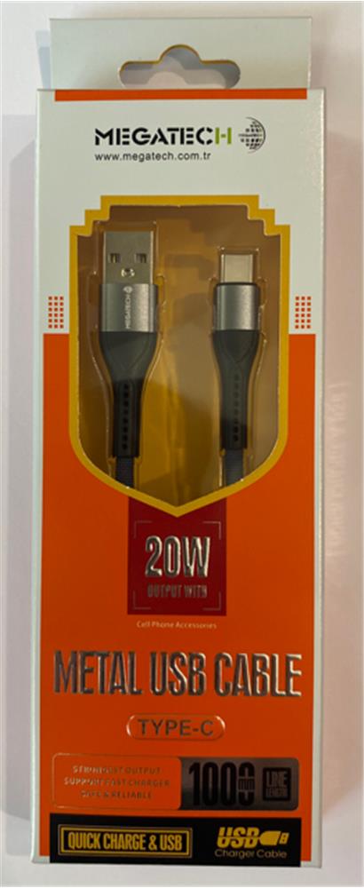 Megatech 3.1A 20w 1mt Örgülü Hasır A Serisi Usb To Typ-c Data Kablosu Gri/Siyah