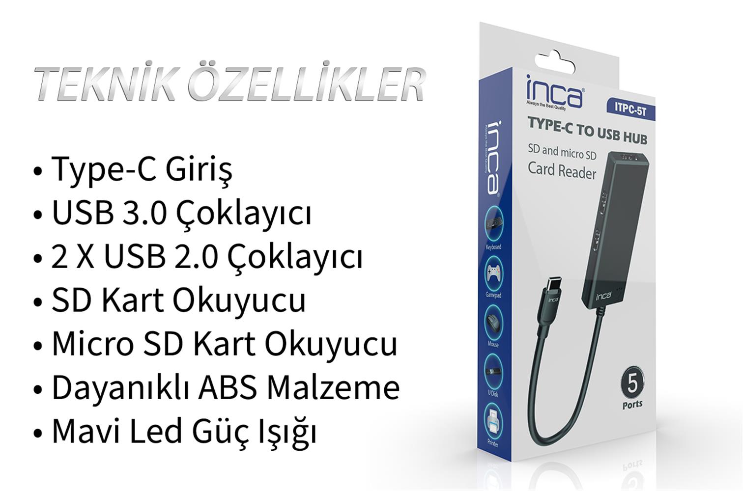 Inca ITPC-5T Type-C Giriş 2XUSB Sd/Micro Sd2.0 Çoklayıcı USB 3.0 Çoklayıcı Çevirici Mavi Led