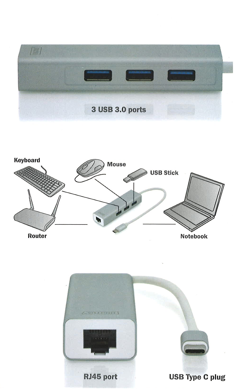 Digitus DA-70255 USB 3.0 Hub & USB 3.0 Gigabit Ethernet Adaptörü
