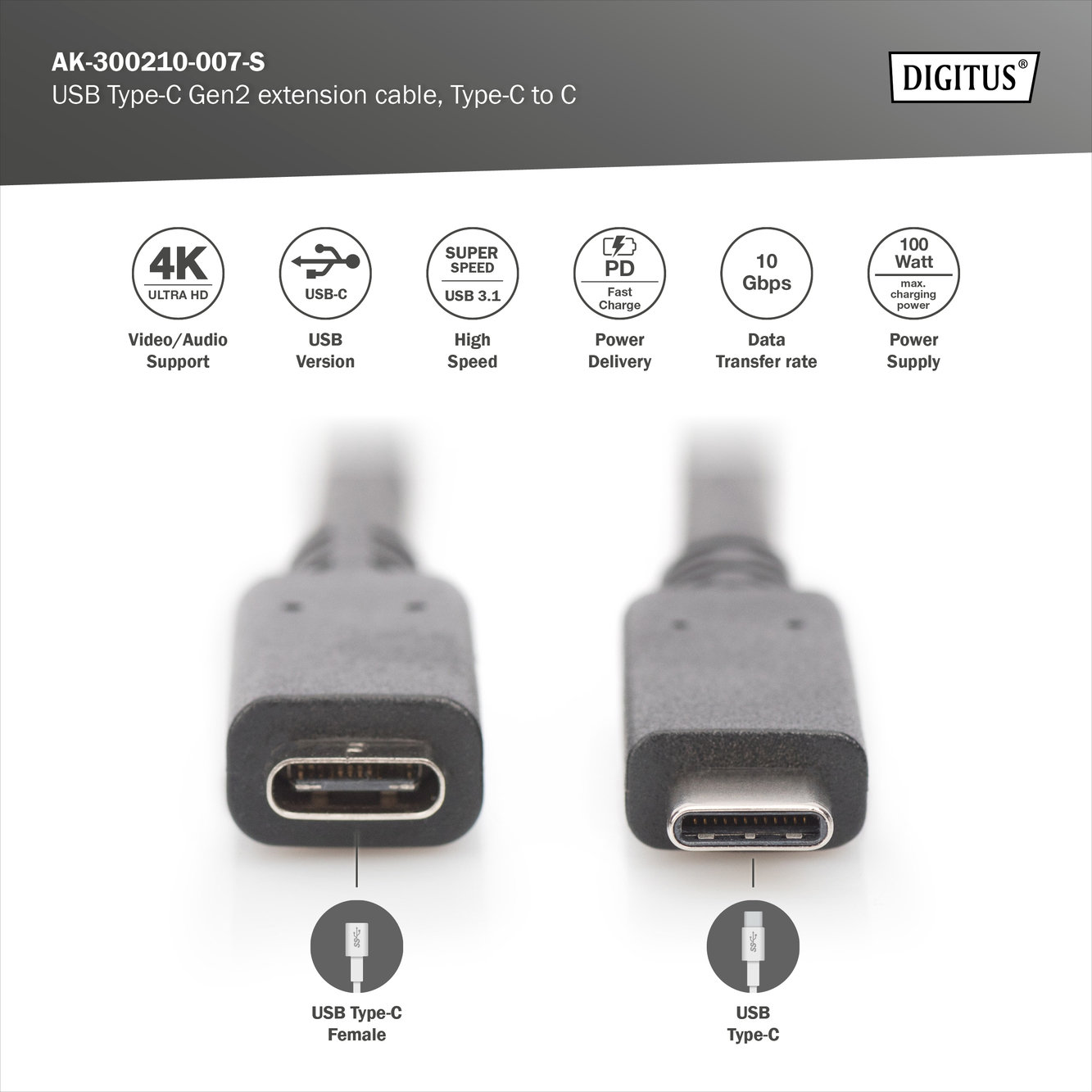 Digitus AK-300210-007-S USB Tip C Gen2 Uzatma Kablosu