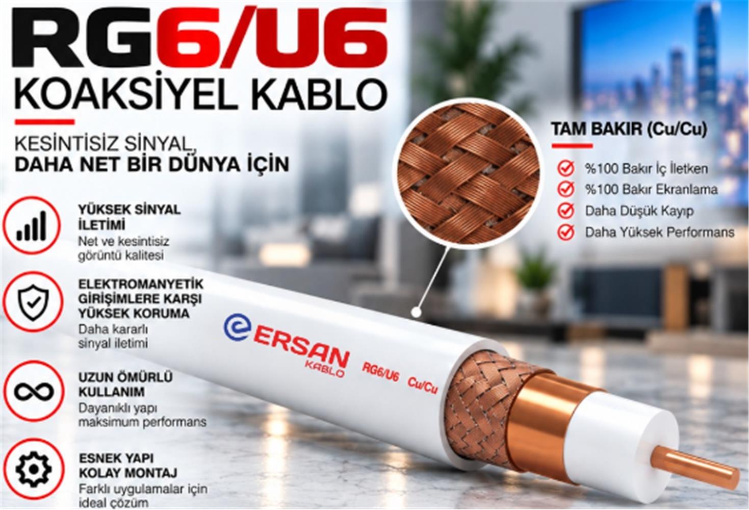 Ersan RG 6/U6 Cu / Cu Class B PVC 100 Metre Beyaz Uydu Kablosu