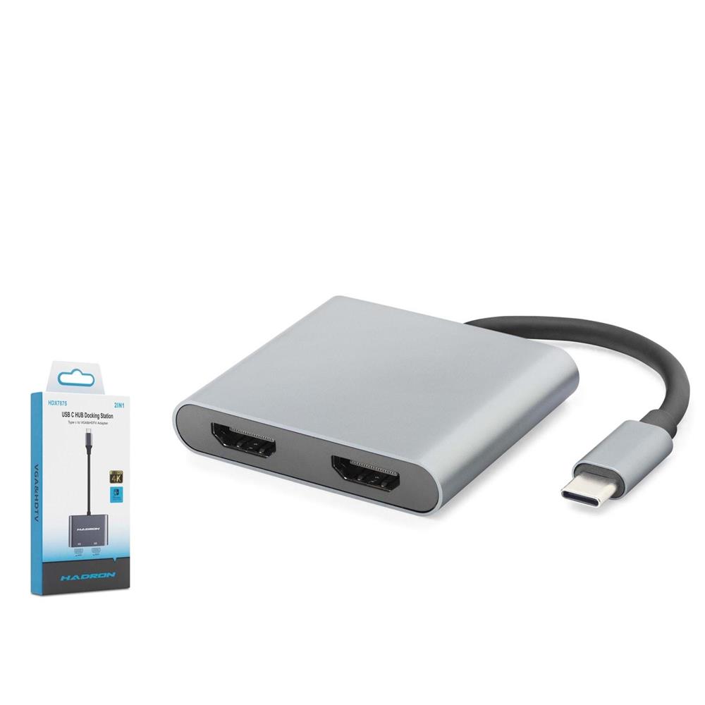 HADRON HDX7875 Type-C to 2x HDMI Dişi Görüntü Dönüştürücü 4K 30 Hz - Gri